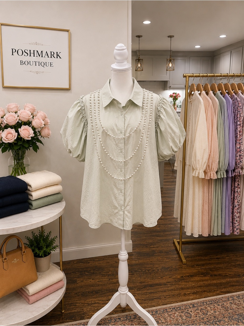 POL Green Mineral Wash Top Faux Pearl Puff Sleeve Button Front Medium